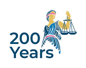Law Society bicentenary logo: a side profile of Lady Justice next to the words '200 years'.