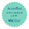 Accredited: Children law, mint green badge logo | The Law Society