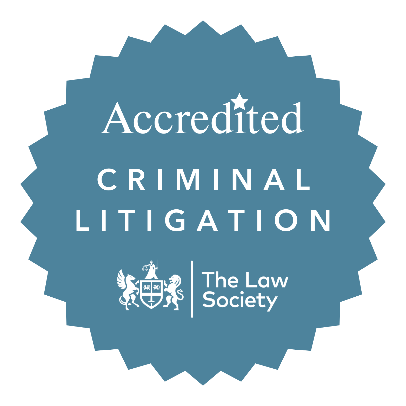 Accredited: Criminal litigation, blue badge logo | The Law Society
