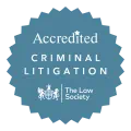 Accredited: Criminal litigation, blue badge logo | The Law Society