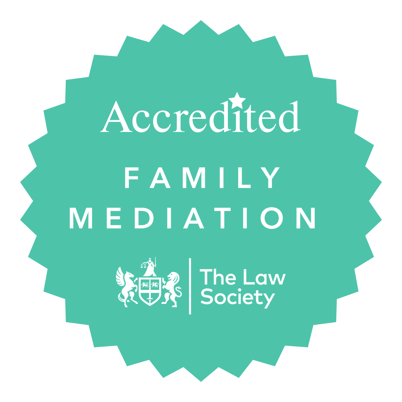 Accredited: Family mediation, mint green badge logo | The Law Society