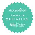 Accredited: Family mediation, mint green badge logo | The Law Society