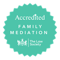 Accredited: Family mediation, mint green badge logo | The Law Society
