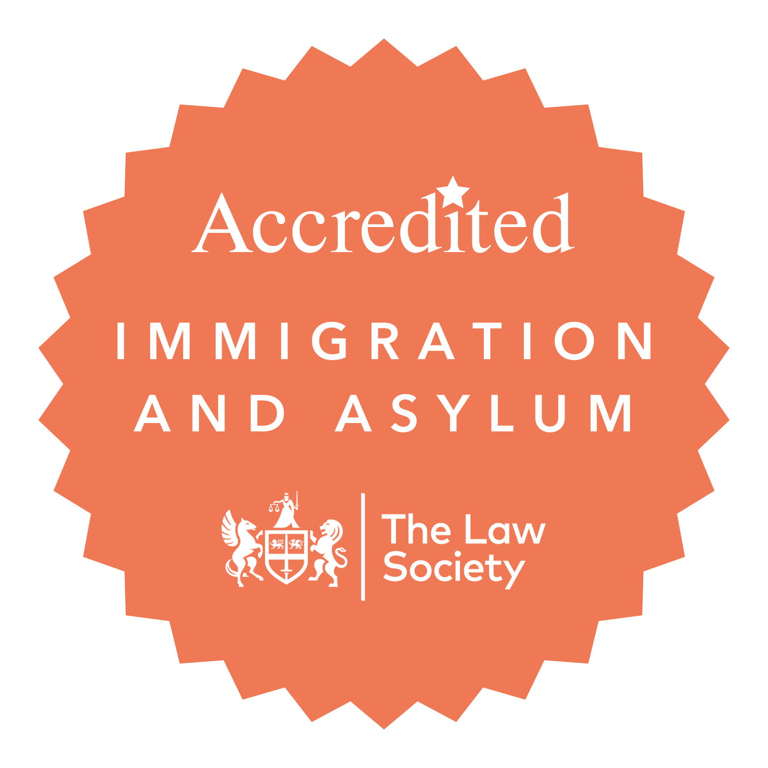 Immigration and Asylum Accreditation logo: a pale orange rosette with the words "Accredited: Immigration and Asylum" and the Law Society logo.
