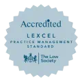 Accredited: Lexcel logo, misty blue badge | The Law Society