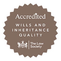 Wills and Inheritance Quality Scheme logo: a brown rosette with the words "Accredited Wills and Inheritance Quality" and the Law Society logo.