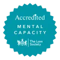 Accredited: Mental Capacity, teal badge logo | The Law Society