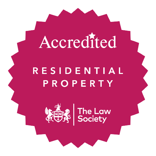 Accreditation logo: Dark pink rosette, text reads "Accredited, Residential Property | Law Society"
