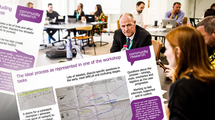 Composite image of powerpoint slides reading "the ideal process as represented in one of the workshop tasks" in front of photo of group discussions at a workshop