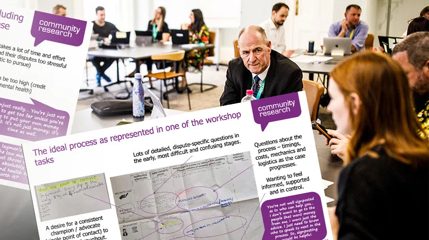 Composite image of powerpoint slides reading "the ideal process as represented in one of the workshop tasks" in front of photo of group discussions at a workshop