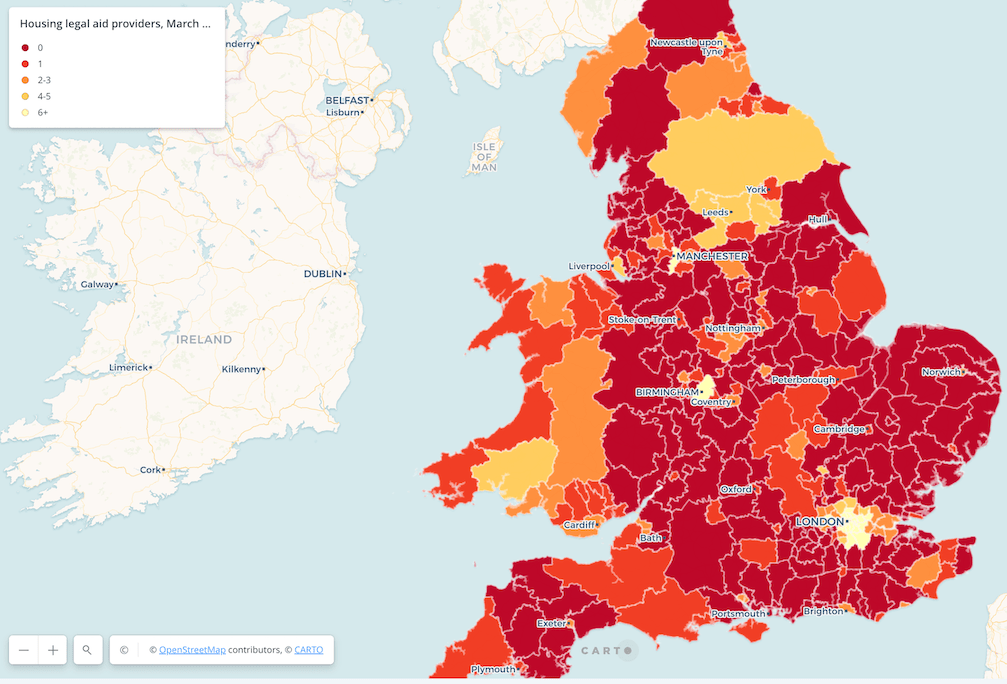 heat map of the united kingdom showing which areas have the least access to legal aid