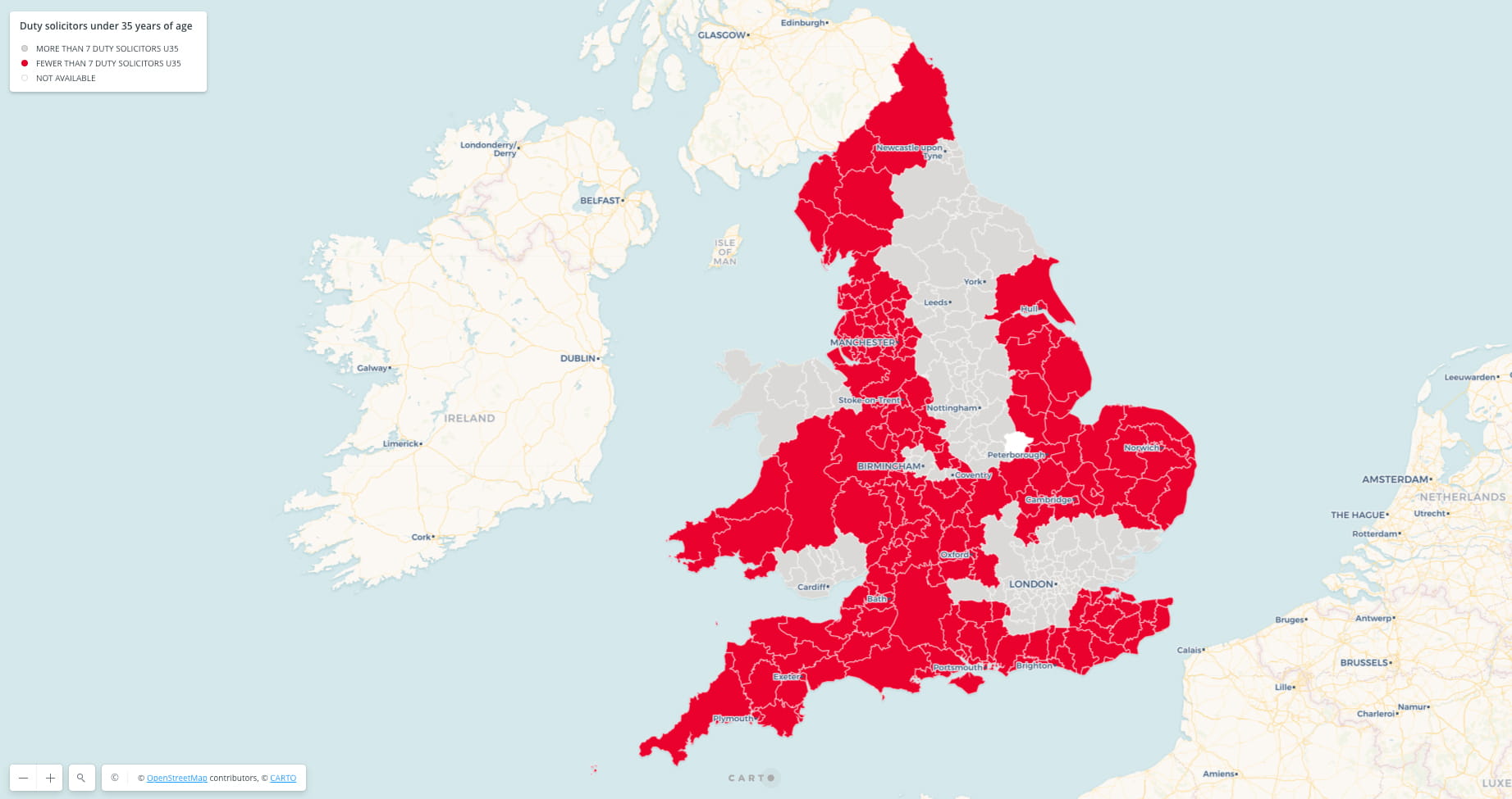 Screenshot of interactive map of England and Wales, showing counties with fewer than seven duty solicitors under 35 years of age highlighted in red