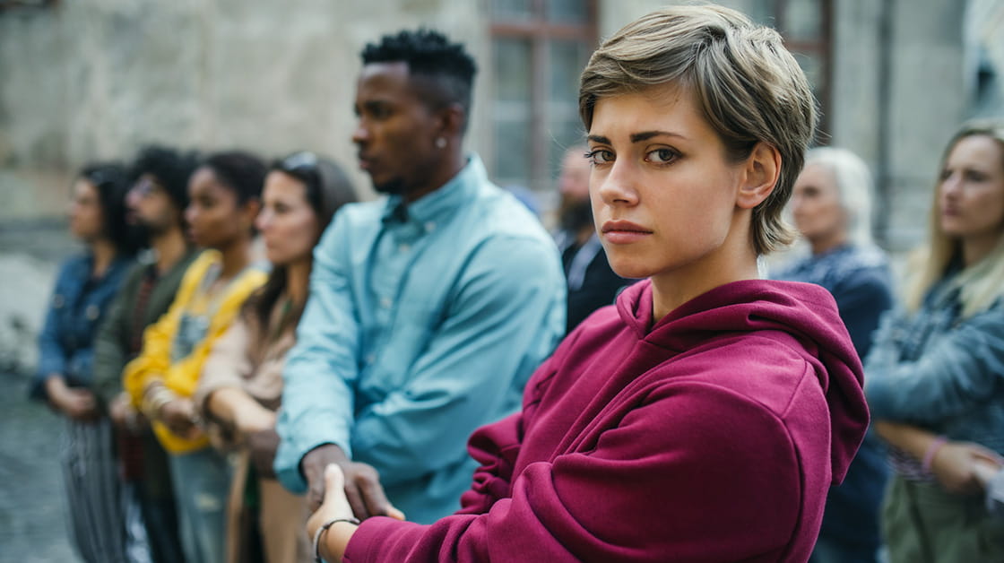 A diverse group of people hold hands in a line, a woman with short brown hair and wearing a maroon hoodie looks into the camera.