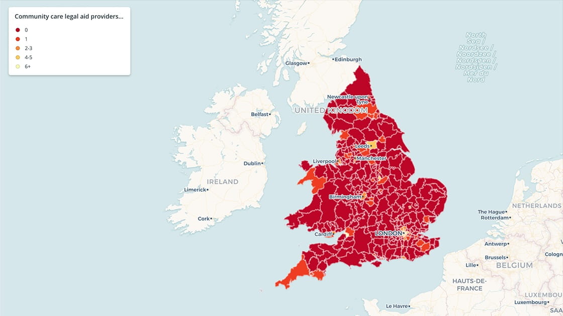 Map of England and Wales showing legal aid deserts in red.