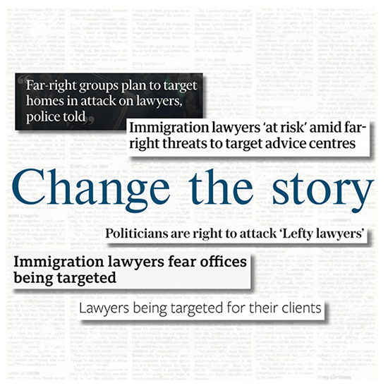 The words 'Change the story', surrounded by newspaper clippings of negative headlines.