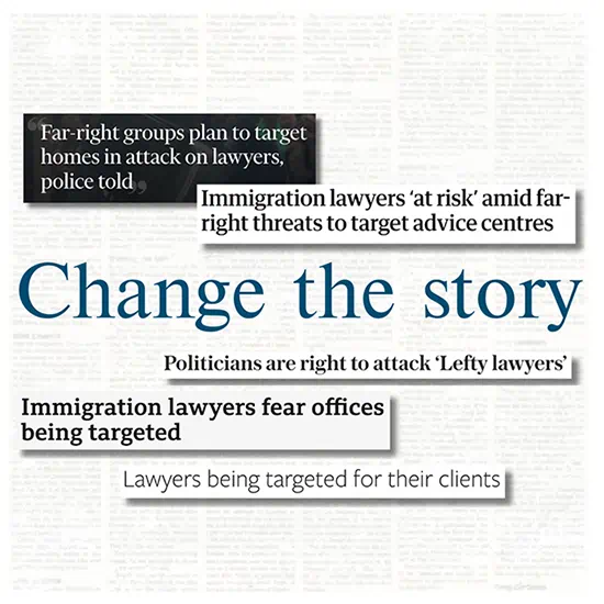 The words 'Change the story', surrounded by newspaper clippings of negative headlines.