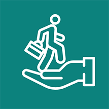 Icon of person with briefcase climbing upwards, supported by an open hand