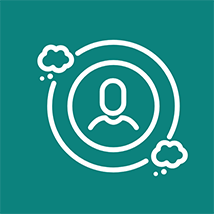 Icon of person's head framed inside circles with two thought bubbles around the edge