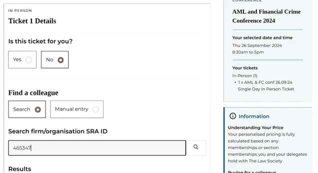 Event ticket details: select 'no' when asked 'is this ticket for you?' then 'search' to find a colleague.