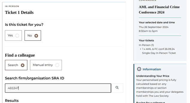 Event ticket details: select 'no' when asked 'is this ticket for you?' then 'search' to find a colleague.