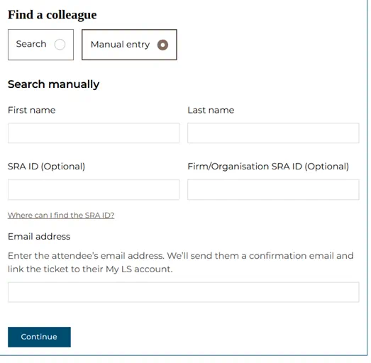 Find a colleague: select 'manual entry' then enter the colleague's first name, last name and email address.