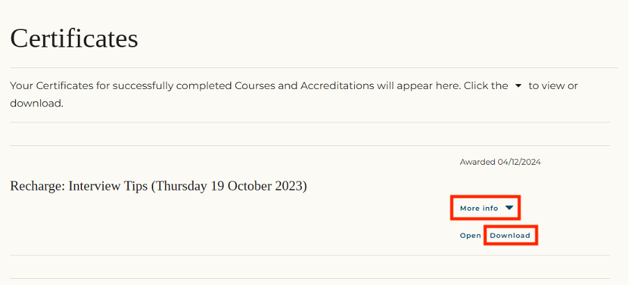 Certificates area of the My Learning dashboard with 'more info' and 'download' links highlighted