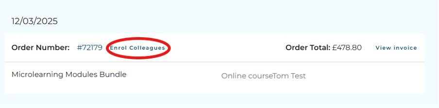 Order history screen with 'enrol colleagues' highlighted