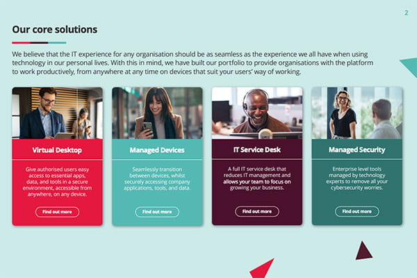 Page from brochure showing four 'core solutions' from Access Legal in coloured text boxes: virtual desktop, managed devices, IT service desk and managed security