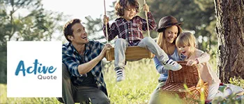 ActiveQuote logo over an image of a family pushing a child on a swing
