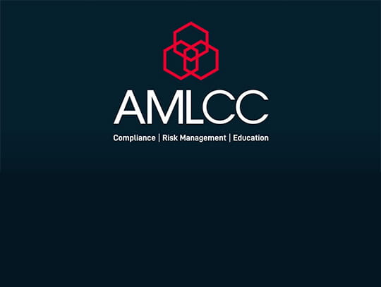 AMLCC logo: Compliance | Risk Management | Education, white text on navy background, with image of three red interlocked hexagons