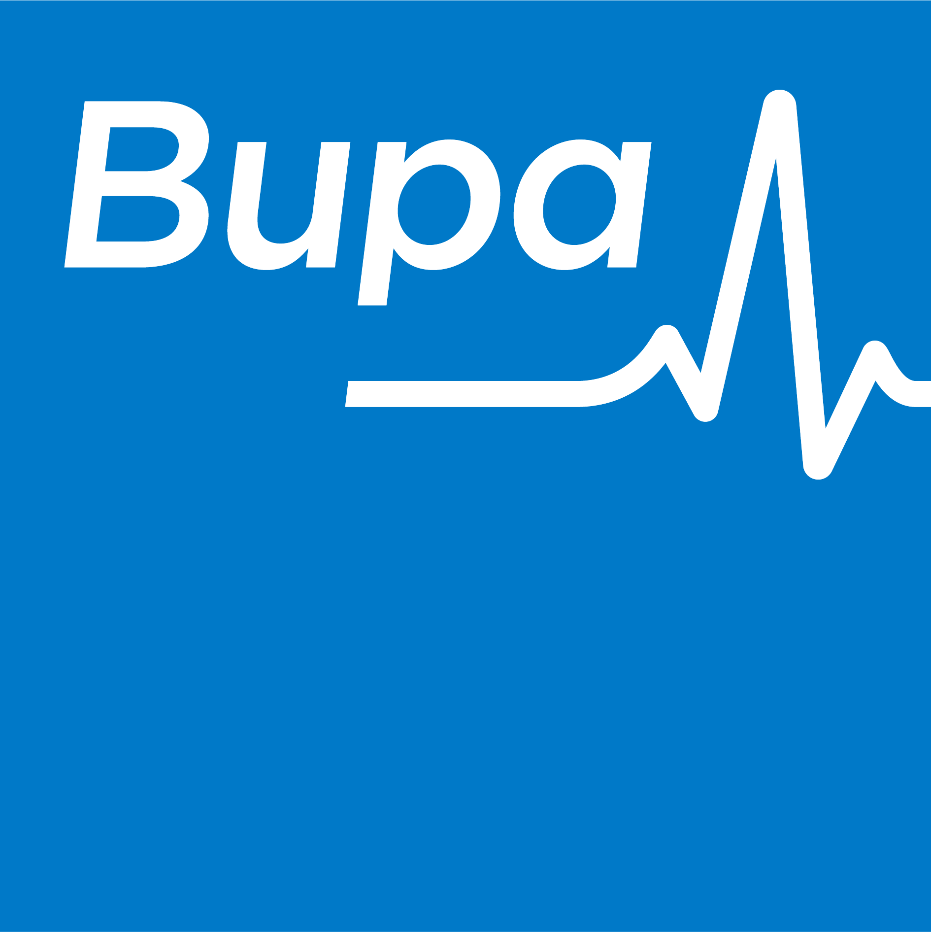 Bupa logo: a blue square with the word 'Bupa' underlined by a heart beat.