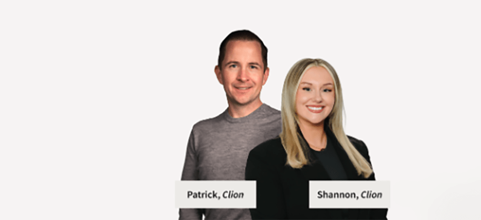 Headshots of a man named Patrick and a woman named Shanon. Patrick is a white man, with short brown hair. He is smiling and wearing a grey jumper. Shannon is a white woman with blonde hair, she is smiling and wearing a black jacket. 