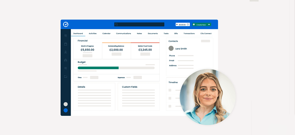 Screenshot of Clio's website dashboard with a photo of a white woman with blonde hair and a blue shirt in a circle on the screen.