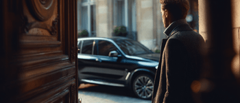 From inside looking out, a man exits a front door, through which a black car is visible outside.