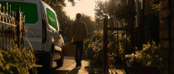 Image of someone walking through a garden gate to a moving van parked outside