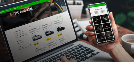 Someone looking at the EV Showroom website on a laptop screen, while having a support page open on their phone screen.