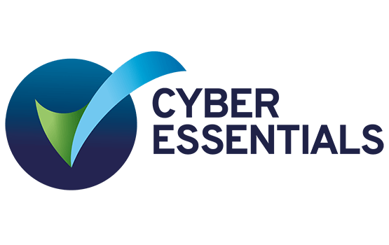 Cyber essentials. To the left of the text is a checkmark in a blue circle.
