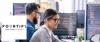 Software engineers analysing code, Fourtify's logo in the bottom left corner