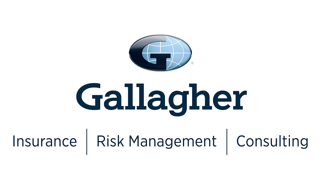 Gallagher logo: a blue oval globe icon with a black 'G' initial sits above the words 'Gallagher: insurance; risk management; consulting'.