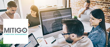 Colleagues working together in meeting room, with Mitigo Cyber Risk Management logo in the corner