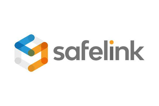 Safelink logo: cube outline in grey, with five edges highlighted blue and orange to create an 'S' shape, next to word "Safelink" in dark grey, with an orange dot for the letter "i".