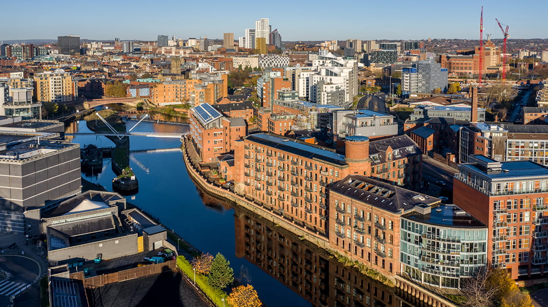 Aerial view of renovated apartment buildings at Robert’s Wharf in the Leeds dock area.