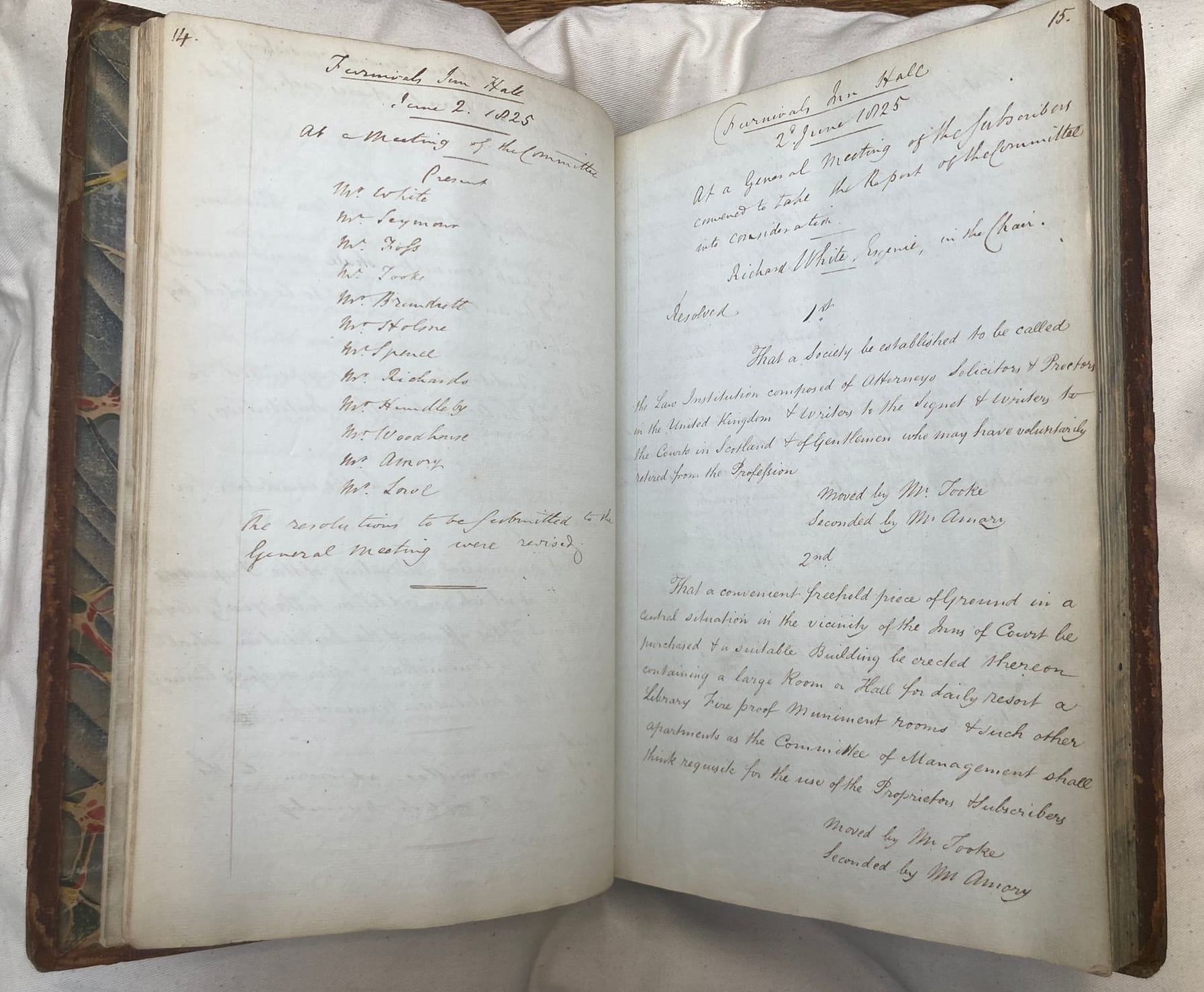 200-year-old minute book with handwritten entries that record the meeting when seven attorneys founded the Law Society in 1825.