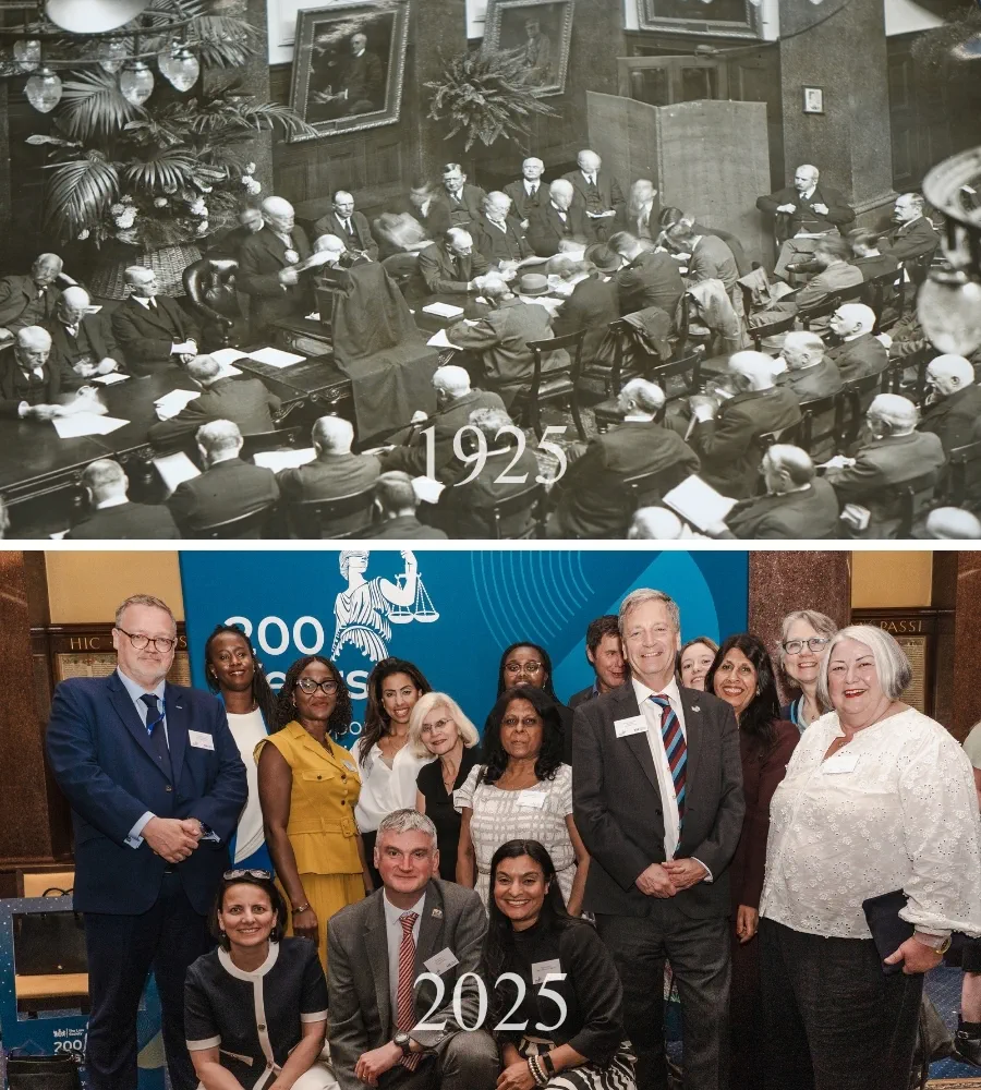 A black and white photograph of a group of people alongside a recent photo of a group of people.