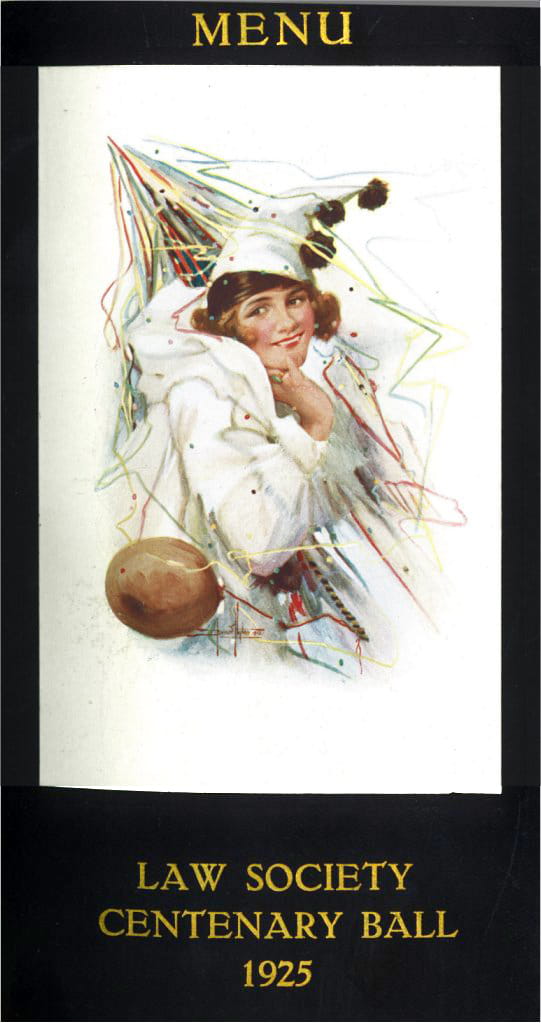 A 1920s illustration of a woman in a party hat, with the text 'Law Society Centenary Ball' 1925.
