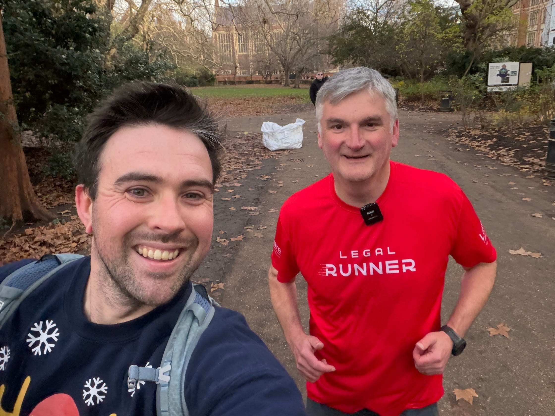 Eddie (left), digital comms lead at the Law Society, takes a selfie while running with Mark Evans (right) on a run near Chancery Lane, London, while conducting the interview for this article.
