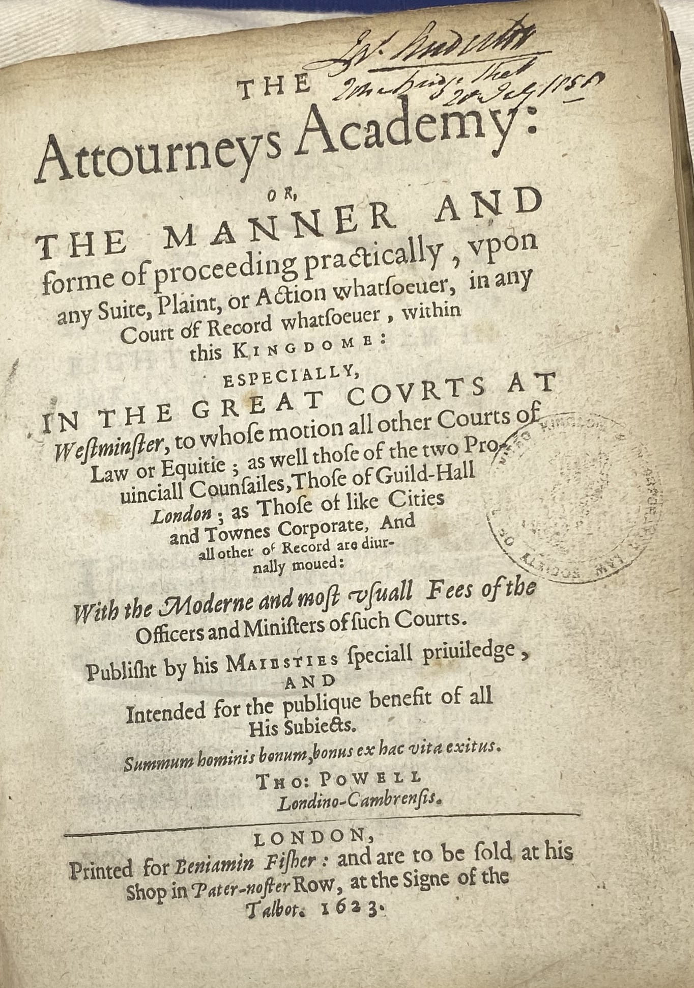 The title page of Thomas Powell's Attourneys Academy from 1623