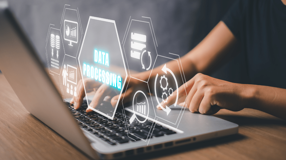 laptop open with data processing symbols above in hexagon shapes