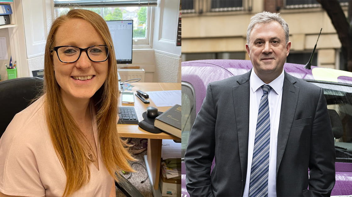 Sam Ennor is a white woman, with red hair and glasses. David Patient is a white man in a suit.