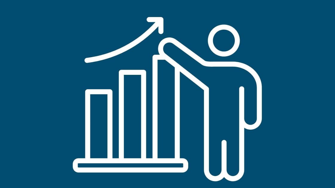 A white outline graphic of a person on a navy background next to a bar chart showing growth. An arrow reinforces the positive trajectory of the chart.